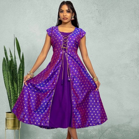 Purple Gold Silk Knee-Length Ethno-Chic Dress | Muvvas Boutique - Picture 2 of 5